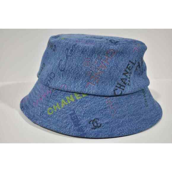 Chanel 22P Blue Black Pink Denim Graffiti CC Logo Sun Cloche Bucket Hat Medium M